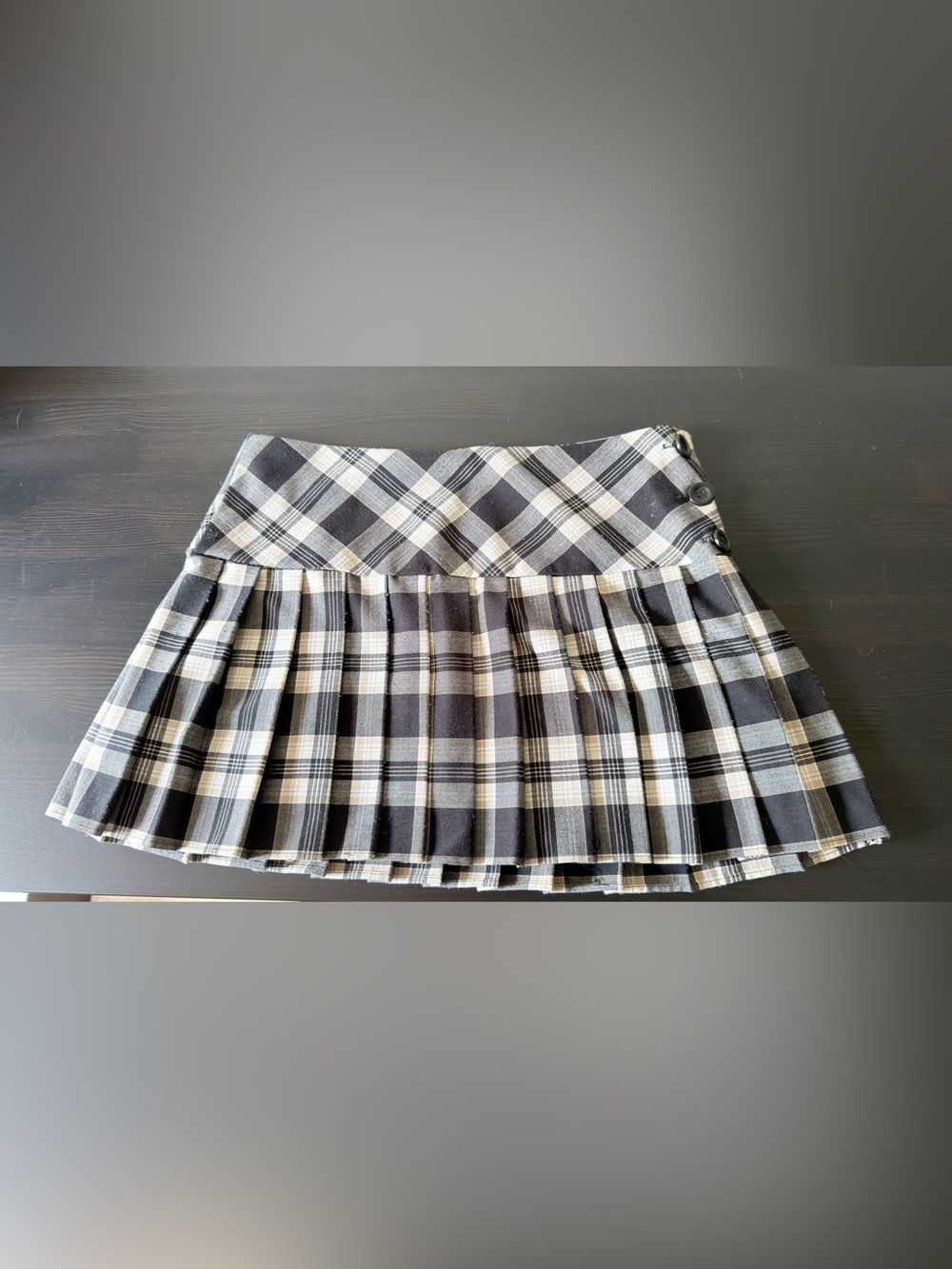 Street Code Plaid Pleated Mini Skirt Black Gray Three Black Buttons Size 7